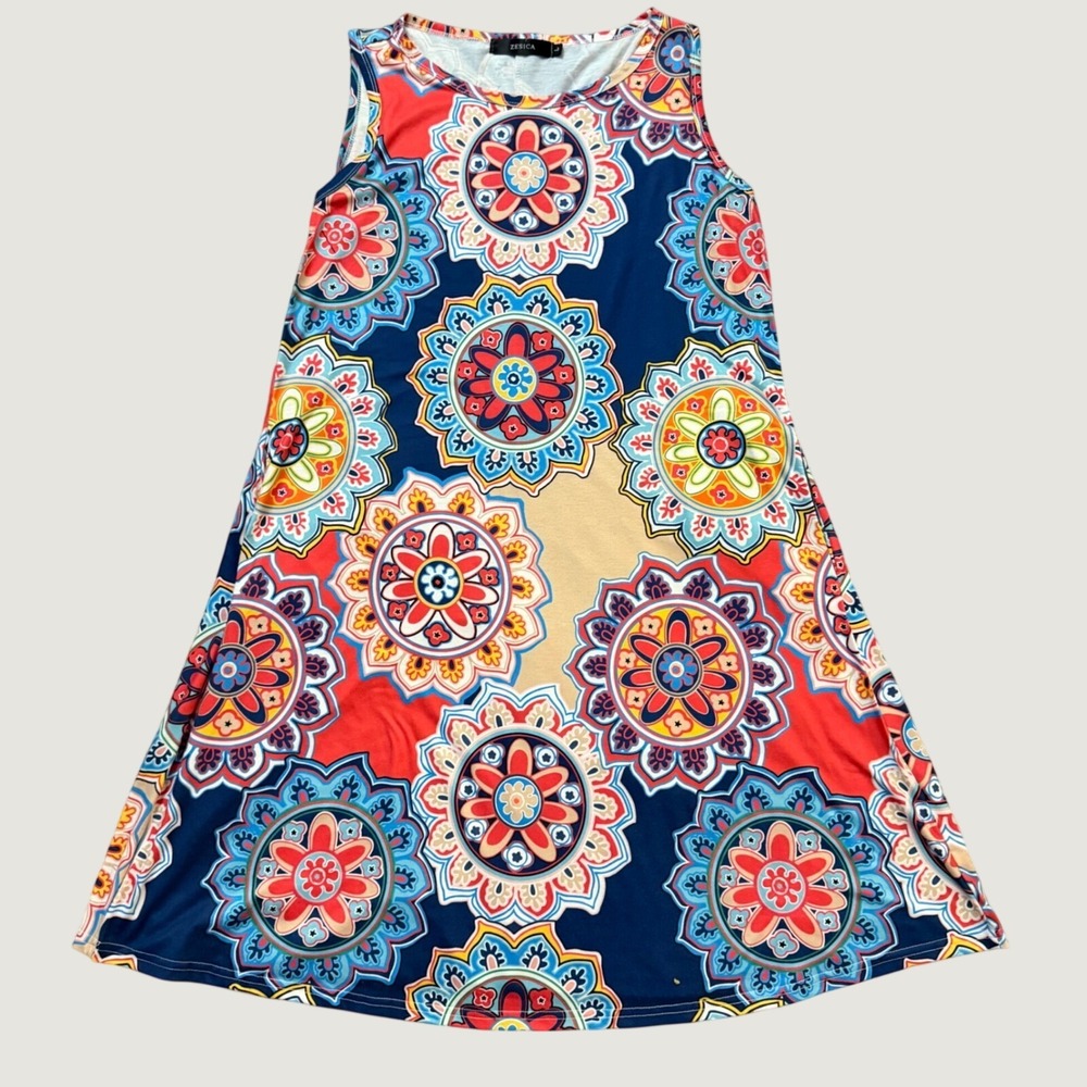 ZESICA Womens Mandala Floral Medallion Sleeveless Swing Dress With Pockets Red L